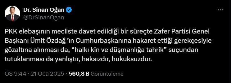 Sinan Oğan’dan Ümit Özdağ’a Öcalan hatırlatmalı destek mesajı