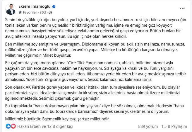 İmamoğlu’ndan AKP’lilere ve yargı mensuplarına dikkat çeken çağrı