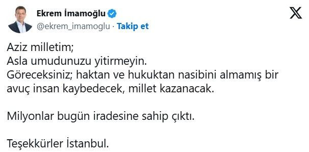 İmamoğlu’ndan teşekkür mesajı!